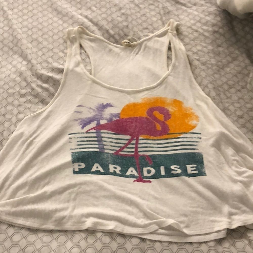 Paradise ribbed white tank top with flamingo sz S
